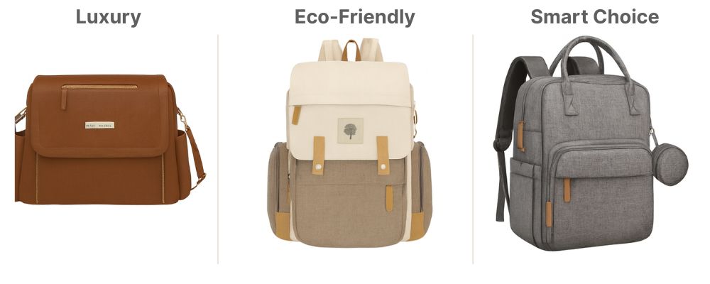 Comparison of three diaper bags — luxury, eco-friendly, and smart choice backpacks for minimalist moms.