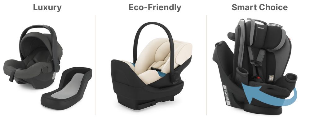 Comparison of three baby car seats — luxury, eco-friendly, and smart choice options for a minimalist baby registry.