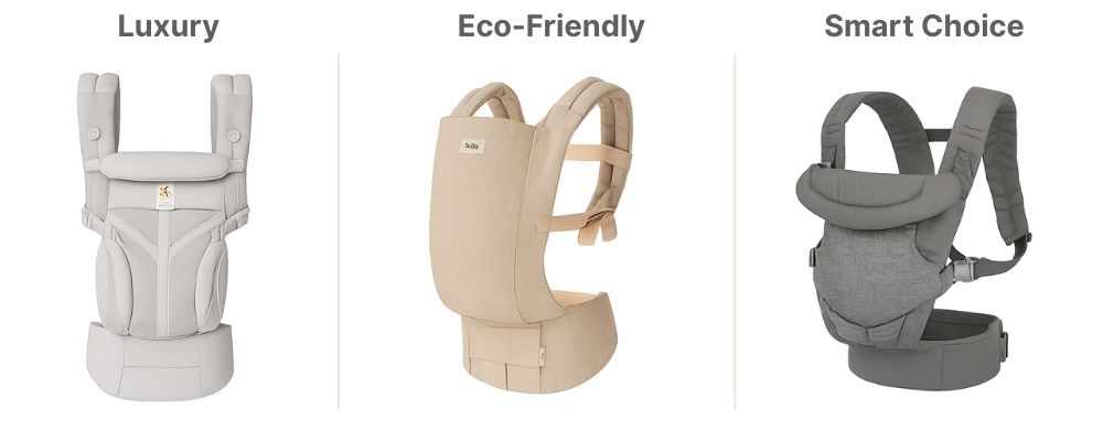 Photo comparison of three baby carriers — luxury, eco-friendly, and smart options for minimalist parents.