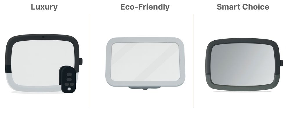 Side-by-side comparison of baby car mirrors showing luxury, eco-friendly, and smart options for minimalist parents.