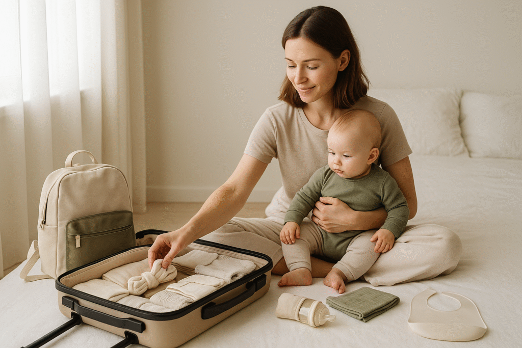 Minimalist mom packing baby travel essentials in a bright, clean room with neutral tones.