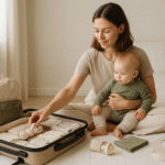 Minimalist mom packing baby travel essentials in a bright, clean room with neutral tones.
