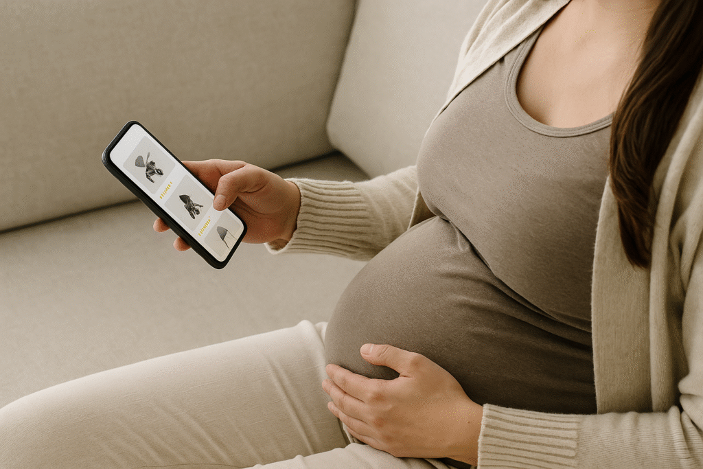 pregnant mom comparing baby products online — saving money on baby gear