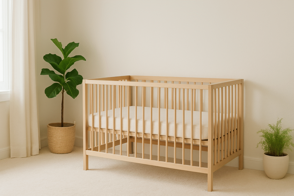 minimalist nursery with wooden crib and neutral decor