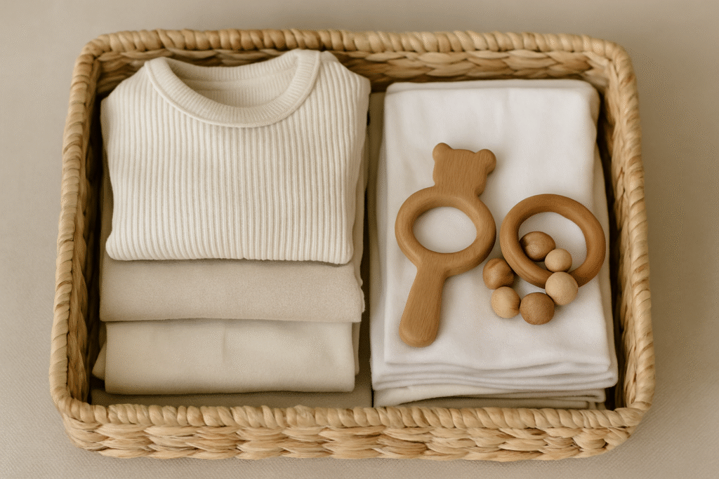 minimalist neutral baby clothes folded in a basket — reuse baby gear