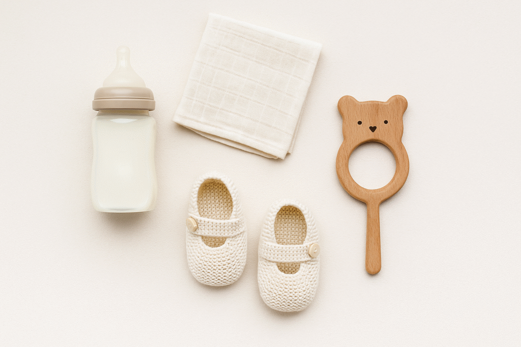 minimalist baby gear flat lay — neutral and budget-friendly essentials